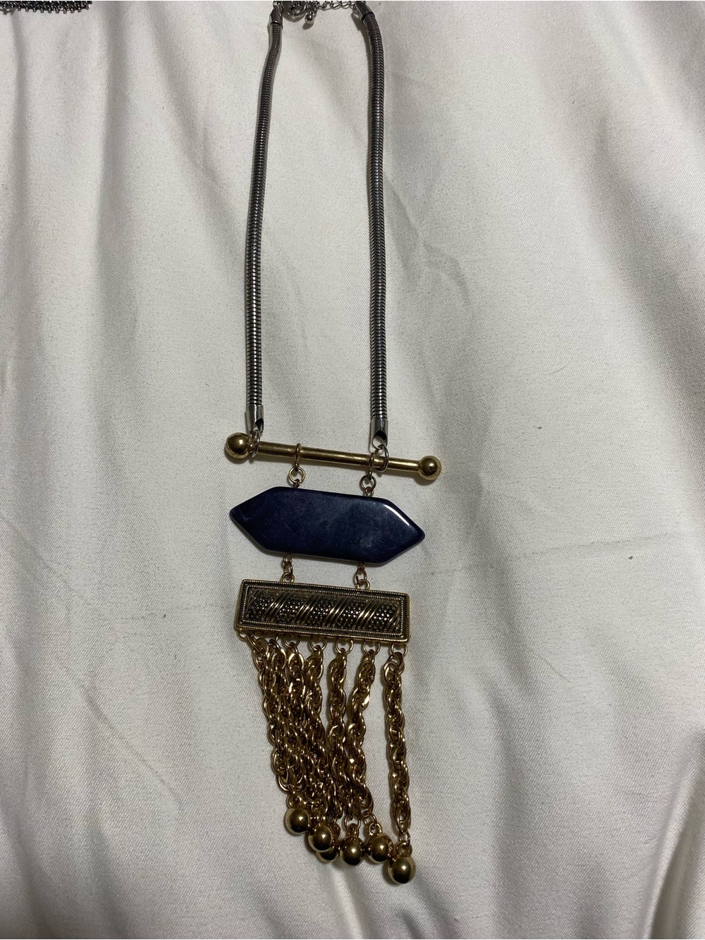 Gold and Silver Tone Fringe Necklace with Purple Stone Accent